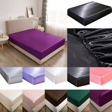 Solid Satin Silk Bed Fitted Sheet Smooth Mattress Pad Cover Twin Full Queen King