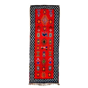 Moroccan Handmade Vintage Rug 3'9x9'9 Berber Red Abstract Cotton Nomad Area  Rug - Picture 1 of 11