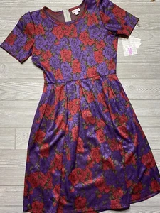 NWT LuLaRoe Medium Amelia Dress with Pockets Jacquard Roses Purple and Red - Picture 1 of 2