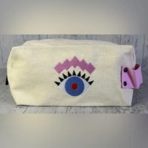 Benefit Makeup Bag Embroidered Evil Eye Design Canvas Pouch Zippered Travel New - Picture 1 of 14