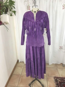 Vtg 80s Liz E. Parker Purple Suede Leather Skirt Set Fringe Western Cowgirl sz S - Picture 1 of 9