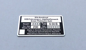 Typenschild Simson S50 beschriftet, nadelgeprägt, alle Typvarianten 230kg - Bild 1 von 9