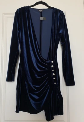 Topshop Wrap Mini Dress 12 Velvet V Neck Long Sleeve Stretch Rhinestone Buttons - Image 1 of 4