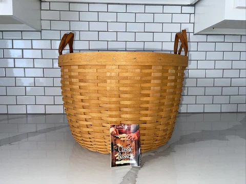 Longaberger Hostess Corn Basket W/leather Handles LG Round 1997 Signed Cover