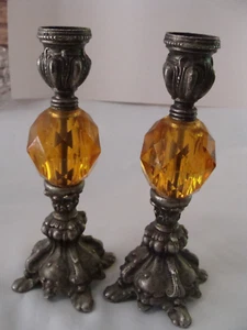 Pair 2 Vintage MCM Hollywood Regency Brass Metal Gold Lucite Candlestick Holders - Picture 1 of 4