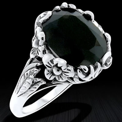 4 CARAT BLACK AGATE ART NOUVEAU STYLE 925 SOLID STERLING SILVER FLOWER RING  333 - Image 1 of 3
