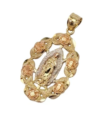 14K 3 Color Gold Guadalupe Flower Religious Virgin Mary Pendant for Necklace - Image 1 of 4