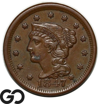 1847 Large Cent, Braided Hair, Choice AU++ - Image 1 of 3