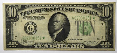 1934 A $10 Ten Dollars Federal Reserve Note Star Note G02030351* - Image 1 of 2