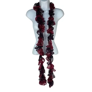 Handmade Ruffled Crochet Scarf In Red & Black Lightweight Accessory For Women - Picture 1 of 4