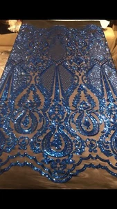 Black Royal Blue 4way Stretch Sequins Fabric 50” Width Sold By The Yard - Picture 1 of 1