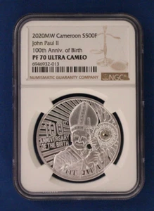 2020 Cameroon Silver Proof 500F coin "Pope John Paul II" NGC PF70 Ultra Cameo - Picture 1 of 2
