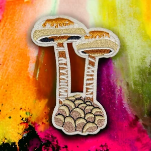 Two Brown Mushrooms Duo Clothing Iron On Patch Decal Embroidery - Picture 1 of 2