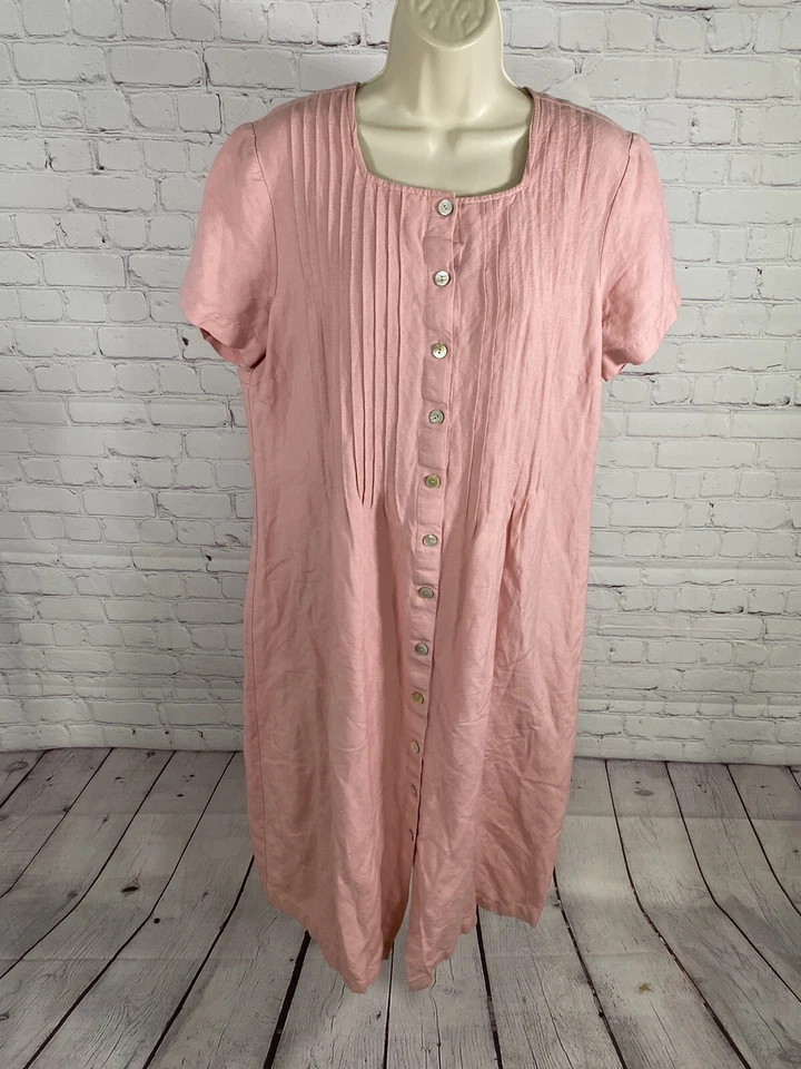 Vestido Plisado Orvis Rosa Pálido Concha de Ostra Botón Mezcla de Lino Talla Pequeña Grande Foto 1 de 4