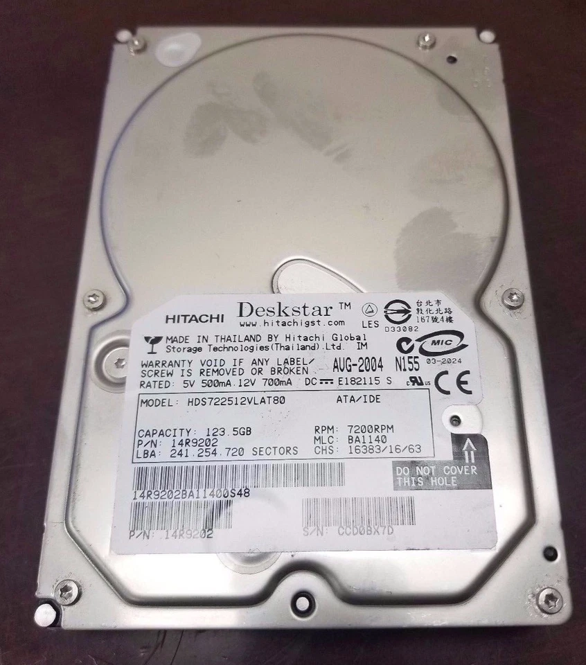 Hitachi Deskstar 14R9202 123.GB 7200RPM ATA IDE 3.5 IDE Hard Drive BA1140 - Image 1 of 2