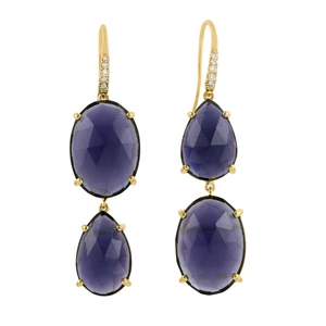 Oval And Pear Shape Blue Lolite Diamond Earring 18k Solid Gold Jewelry - Picture 1 of 6