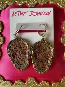 Betsey Johnson All Hallows Glitter Laser Multicolor Sugar Skull Crystal Earrings - Picture 1 of 2