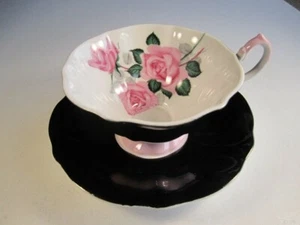 VTG Queen Anne Black & Pink & Large Pink Roses Fine Bone China Cup & Saucer Set - Picture 1 of 7