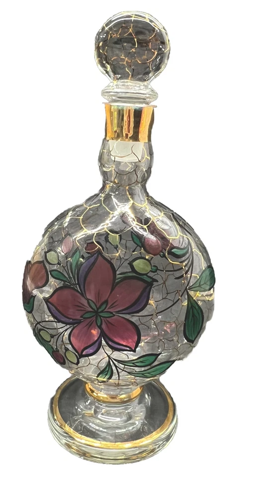 Art Nouveau Blown Glass Aperitif Decanter Hand Painted Enamel Flowers Gold - Image 1 of 4