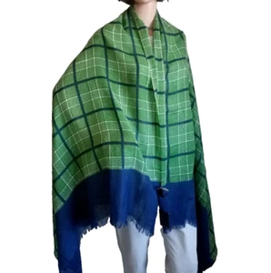 ALTEA Italy Fine Wool Shawl Scarf Wrap XL Green Blue Plaid Frayed 74 X 38 $145 - Picture 1 of 13