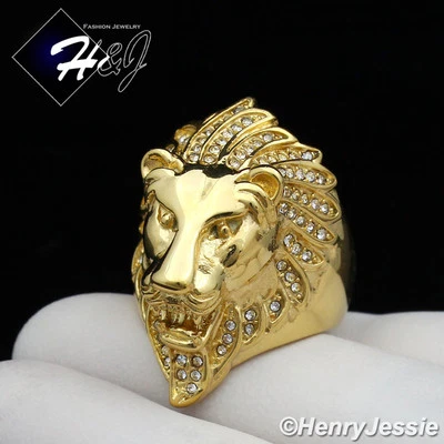 MEN's Stainless Steel BLING Cubic Zirconia Gold Plated Lion King Face Ring*GR111 - Image 1 of 3