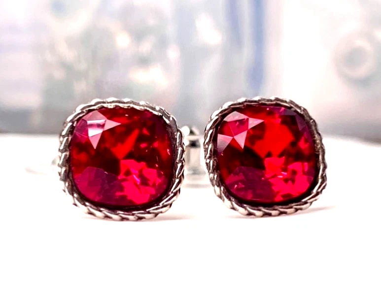 BRIGHTON SPARKLEVILLE RUBY RED HUE SWAROVSKI CRYSTAL SILVER EARRINGS VG+✨VINTAGE - Image 1 of 4