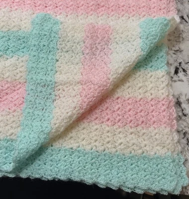 Crochet/Knit Baby BlanketAFGHAN Striped 42” x 40.5”Pastel Pink White And Green - Image 1 of 4