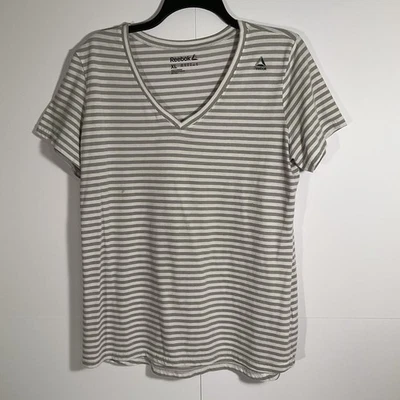 Camiseta Reebok Mujer Ajustada Gris y Blanco Rayas Talla XL Foto 1 de 4