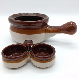 Vintage braun Tropfglasiert Französisch Zwiebel Suppe Schüssel und kleine Gewürzschale Set - Bild 1 von 19