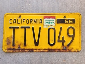 Original 1956 California Yellow Black Metal License Tag Single 1962 Tag CA 56 - Picture 1 of 20