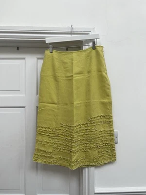 Vintage Lime Chartreuse Yellow Green Linen Midi Skirt with Ruffle Hem - Image 1 of 4