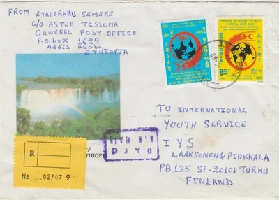 Ethiopia 1989  Reg. Cover to Finland with '88 Red Cross issue as postage - Image 1 of 2