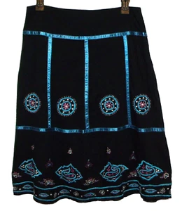 Vtg RAMPAGE 90s Y2K boho black A-line skirt metal embroidery beads ribbon USA 9 - Picture 1 of 7