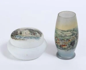 2 Frosted Opaline Glass Belgian Souvenir Vase and Jar - Picture 1 of 4