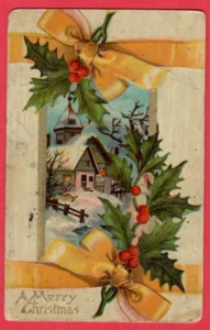 Frohe Weihnachten Stechpalme beerengelbe Bänder Winter Kirche Vintage Stk. gebraucht 2023 - Bild 1 von 2