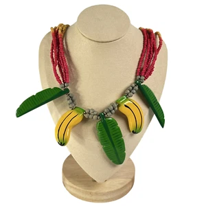 Vintage Whimsical Wood Tropical Beaded Banana & Leaves Colorful Necklace 24" - Picture 1 of 7