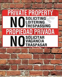 Private Property No Soliciting Trespassing English Spanish Sign Aluminum 8"x12" - Picture 1 of 1