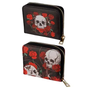 SKULLS AND ROSES GOTHIC ZIP COIN WALLET PURSE NEW WITH TAGS - Picture 1 of 3
