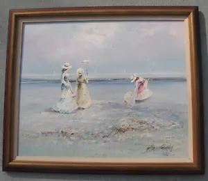 Pintura al óleo firmada por Marie Charlot, damas en la playa, SIN MARCO INCLUIDO - Imagen 1 de 13