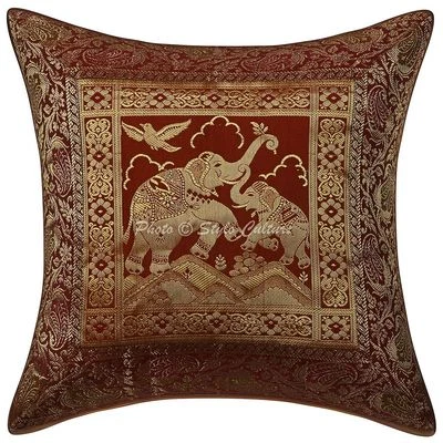 Brocade Elephant Cotton Boho Cushion Cover Brown 16x16 Pillow Case Throw - Image 1 of 3