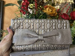 Borsa a tracolla/tracolla Carolina Herrera bronzo oro monogramma pelle Audrey - Foto 1 di 12