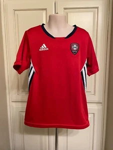 Adidas Red with Black & White Stripes Short Sleeve Soccer Tee Shirt Size 6 - Picture 1 of 8