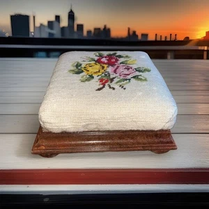 Footstool Embroidered Foot Stool Antique Bun Feet Embroidery Footrest - Picture 1 of 5