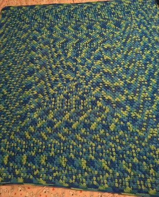 Handmade Vintage Large Crocheted Afghan 63 X 58 Greens And Blues - Image 1 of 4