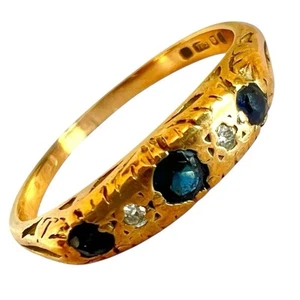 9ct Gold Sapphire Diamond Ring Five Stone Vintage Hallmarked 9K 2.1g Size N 1/2 - Picture 1 of 24