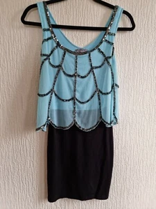 Lipsy Blue Black Embellished Chiffon Blouson Party Dress Mini Sleeveless Sz UK 8 - Picture 1 of 5