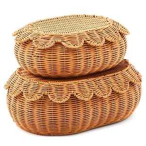 Scalloped Rattan Baskets, 2 Pcs Woven Rattan Wicker Storage Baskets with Lid,, - Picture 1 of 12