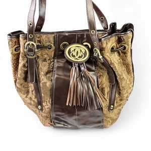 Sharif Brown Tan Leather Velvet Tassel Handbag Tote Purse - Picture 1 of 12