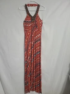 BLUE Saks Fifth Avenue Beaded Halter Maxi Dress Aztec Red/Orange/Teal Sz S - Picture 1 of 12
