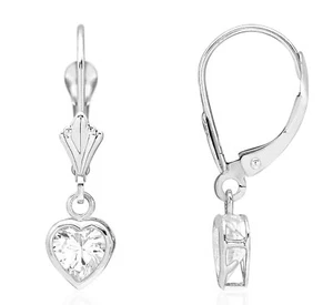 14K Solid White Gold Bezel Set White Sapphire Heart Leverback Dangle Earrings - Picture 1 of 1